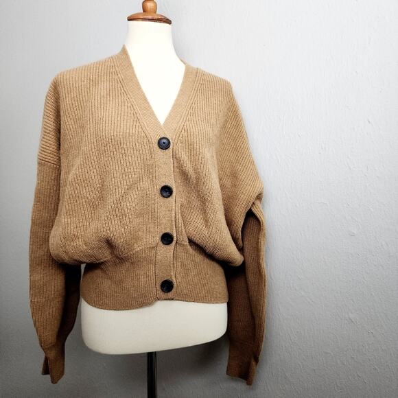 A.L.C May Ribbed Knit Slouchy V-Neck Merino Wool Cardigan Sweater in Camel - Picture 4 of 14